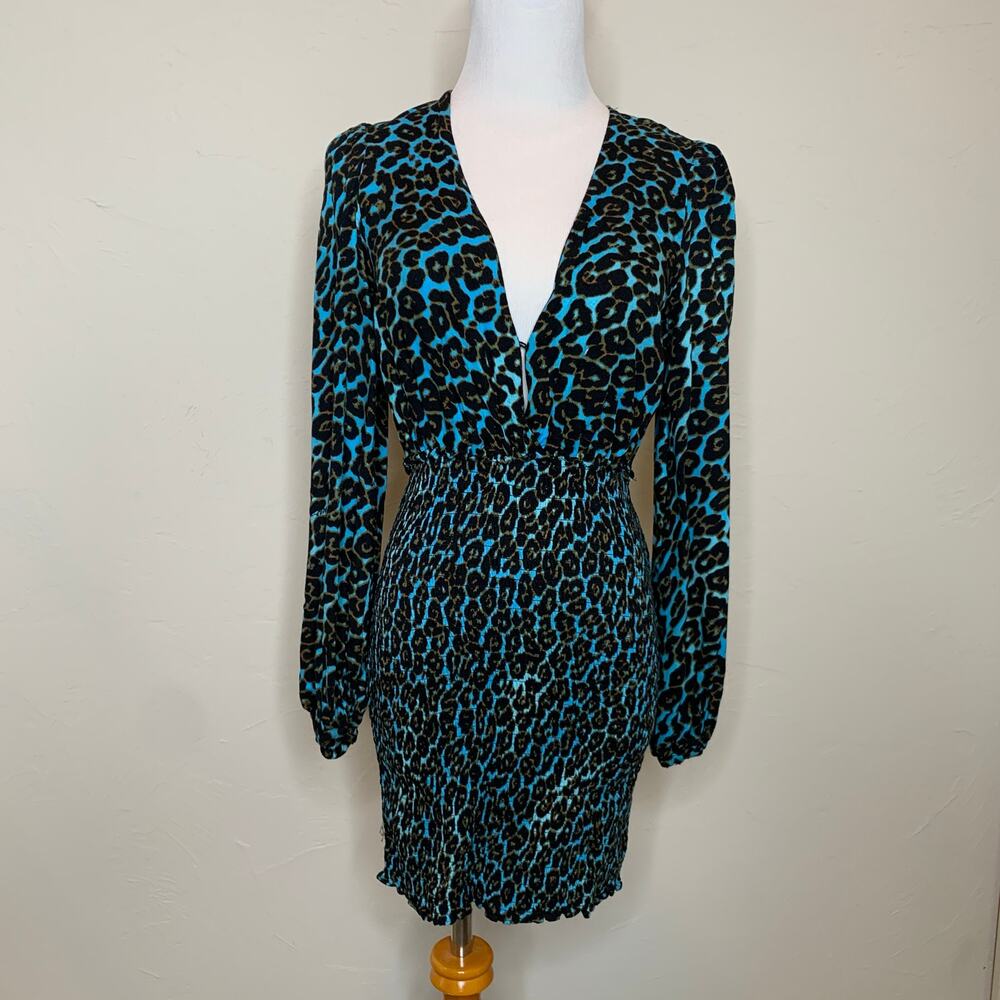 AFRM Turquoise Cheetah Leopard Print Dress Smocked Skirt Long Sleeves Sz Small